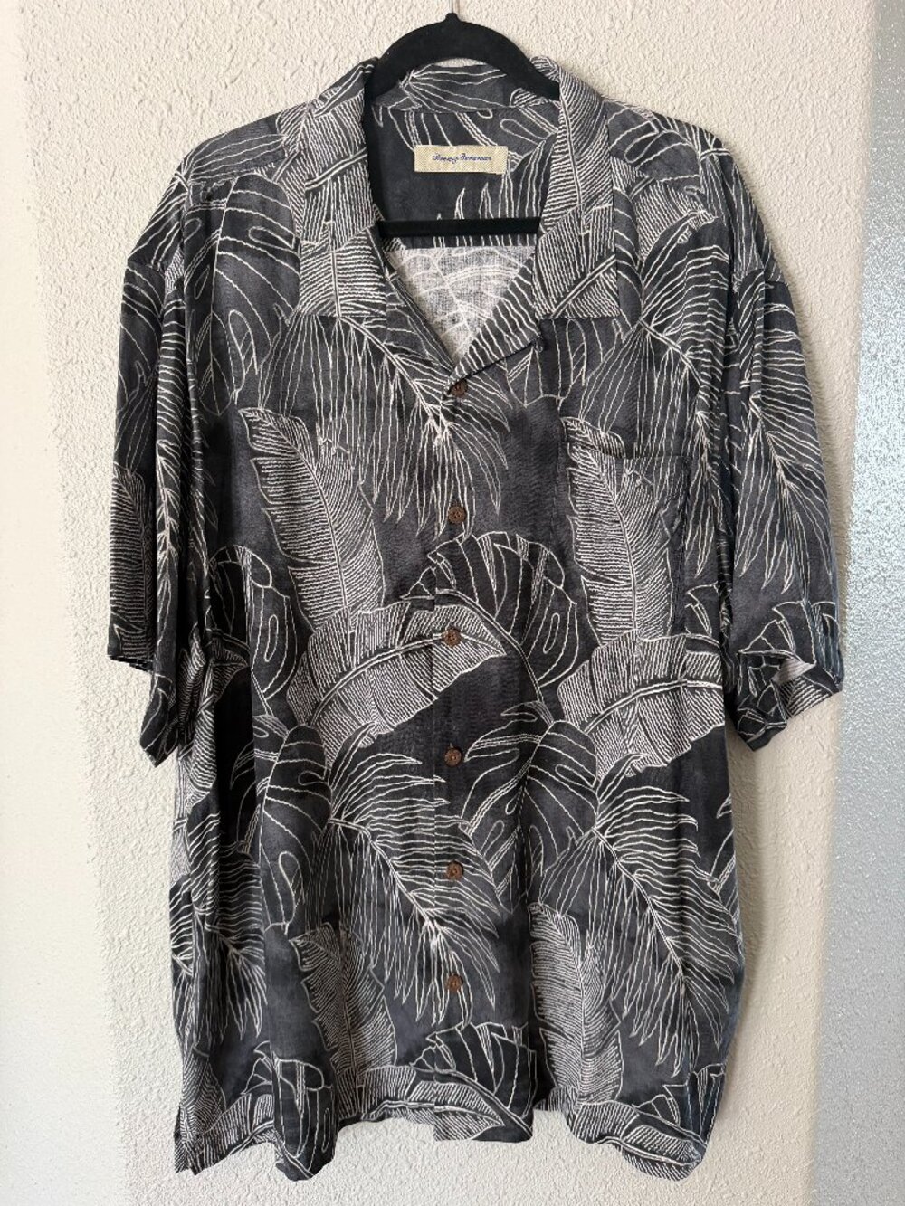 Tommy Bahama 100% Silk Tropical Leaf Button Down Shirt Grey Black 3XL XXXL